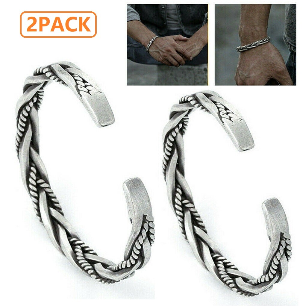 2x Men Silver Thai Handmade Bracelet Vintage Open Bangle Twisted Cuff Bracelet