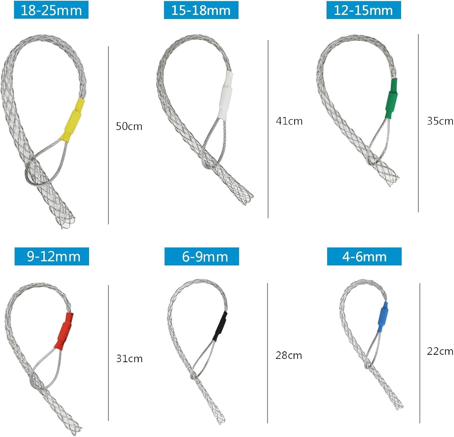 6pc Cable Puller Set - Wire Mesh Pulling Socks & Electric Cable Grips