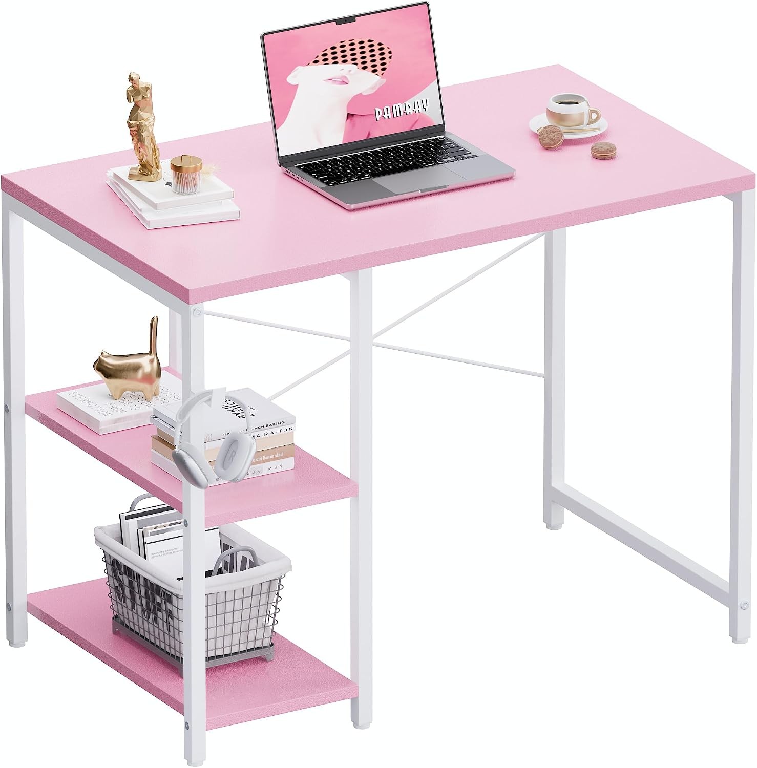 32 Inch Small Computer Desk with Shelves, Home Office Desk with Headphone