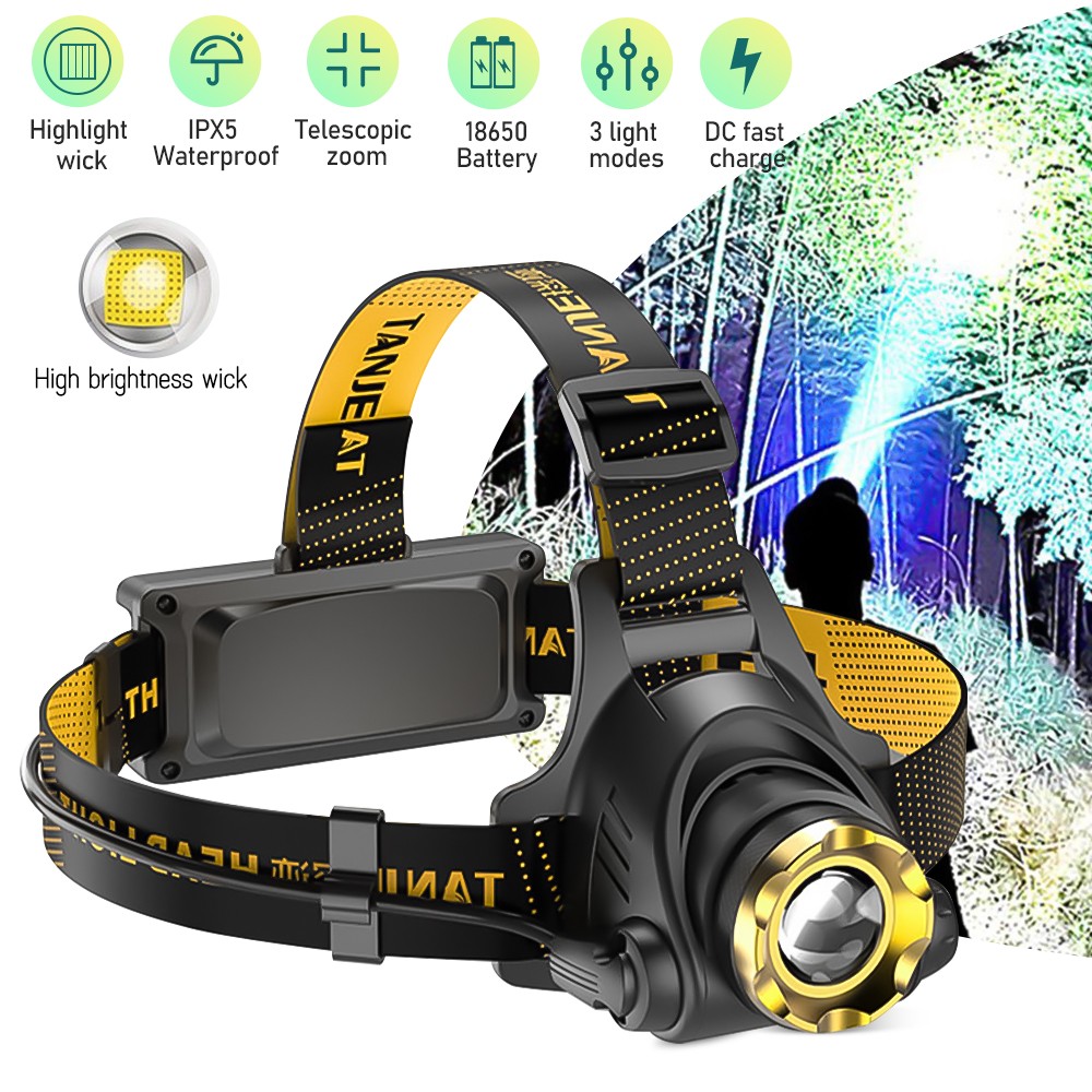 1200mah Powerful LED Headlamp Zoomable USB Rechargeable Headlight Waterproof