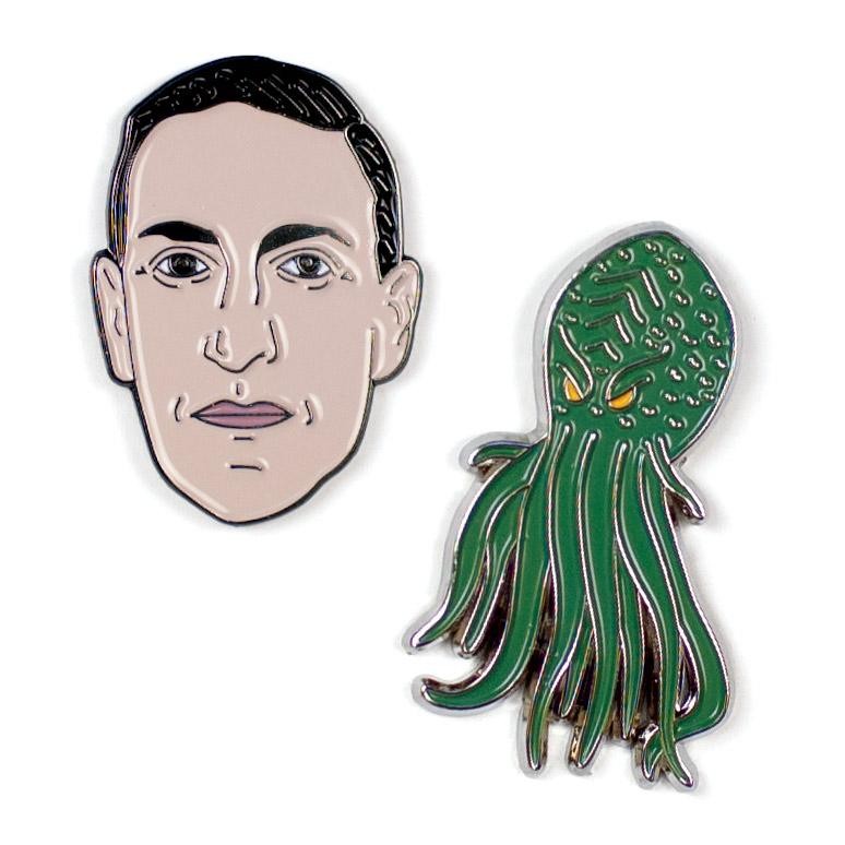 H.P. Lovecraft Face and Cthulhu Image Metal Lapel Pin Set of Two NEW UNUSED
