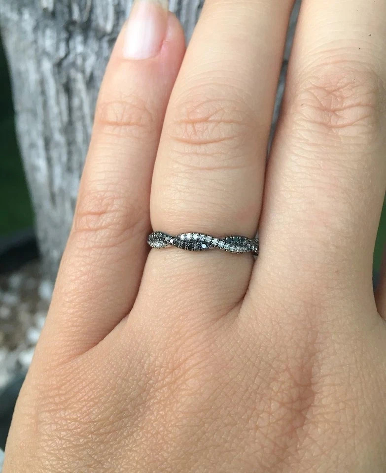 14k White Gold Plated Lab Created Round Cut Black Diamond Engagement Band Ring
