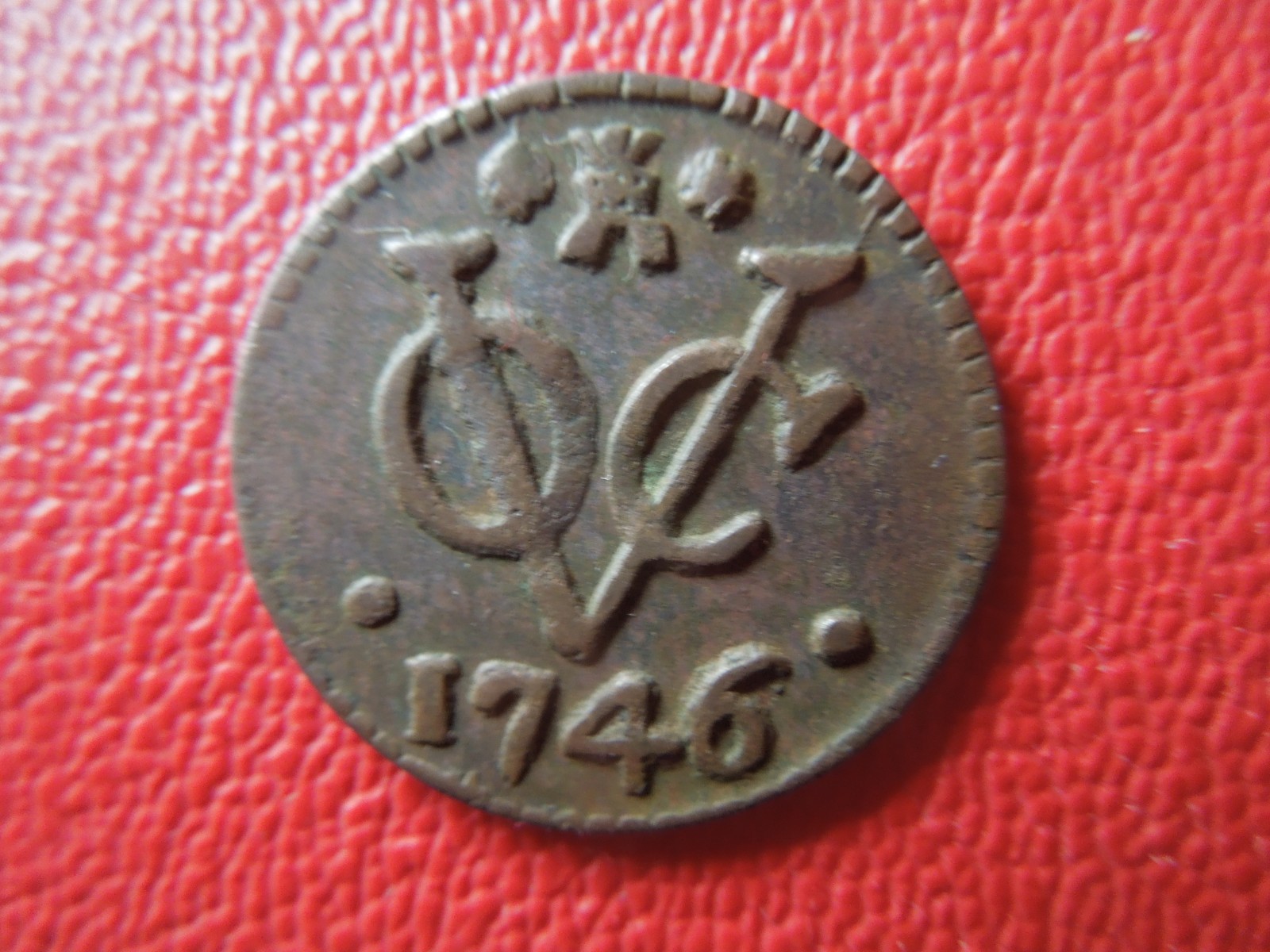 J7152 NETHERLANDS  HOLLAND ZEELAND   1746  VOC DUIT COPPER   AU SCARCE SEE DESCR
