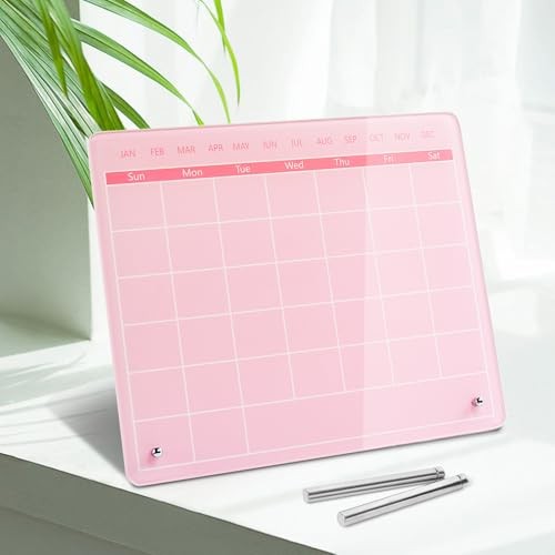 Calendar Dry Erase Board,12"X10",Acrylic Desk Calendar with Stand,Pink Dry