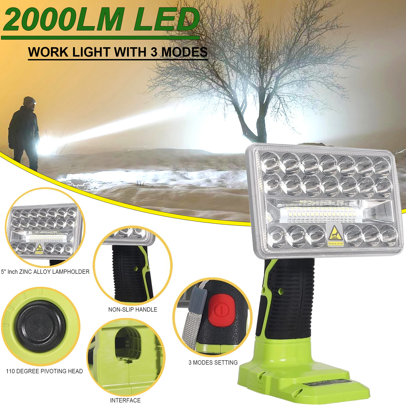 2000LM Jobsite Light Spolight for Ryobi 18V Battery 18W Cordless LED Work Light