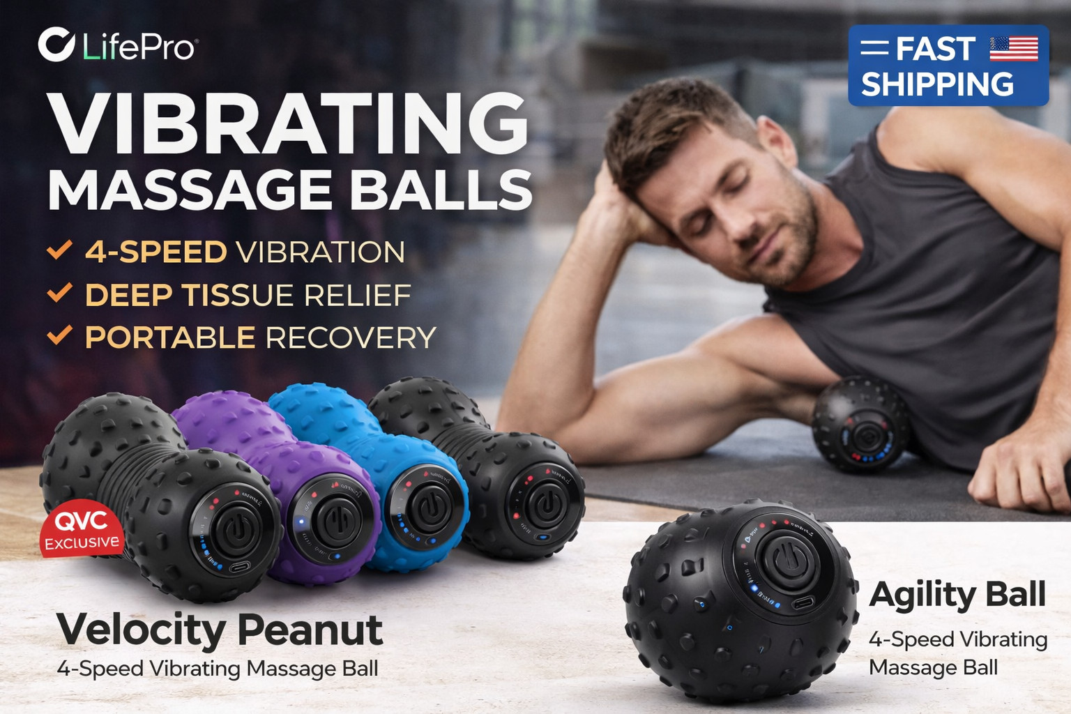 LifePro Vibrating Massage Ball Velocity Peanut & Agility 4 Speed NEW