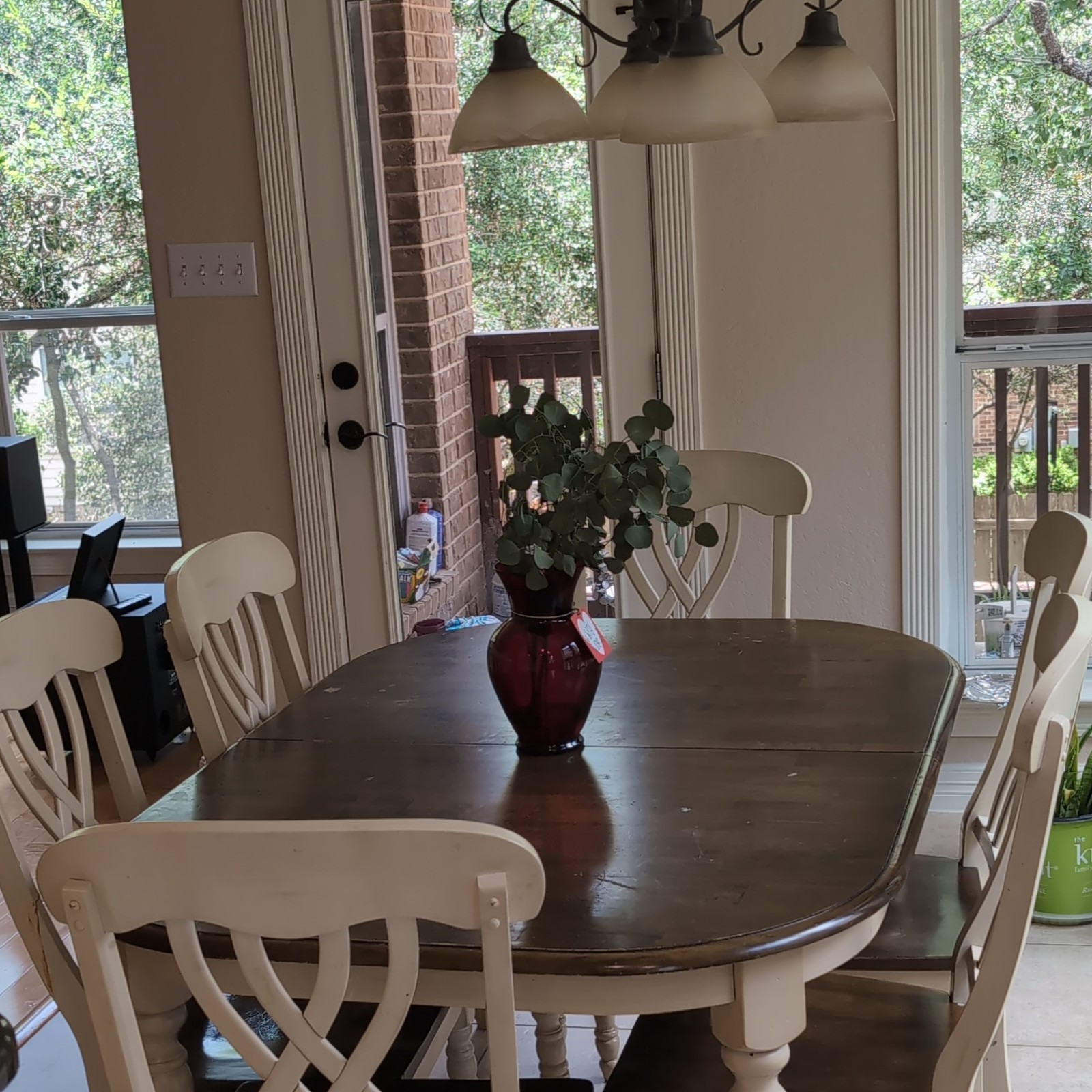 Oval Dark/Light Wood Dining Table Set with 6 White Chairs, Brown/White