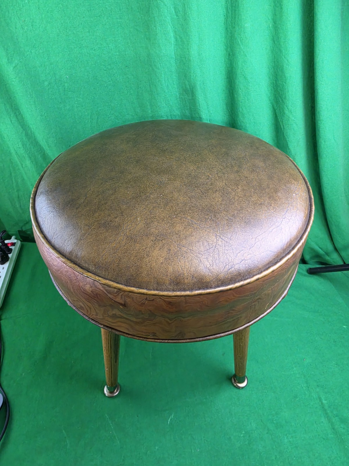 Mid Century Modern Vintage Footstool Ottoman Round Marble Vinyl