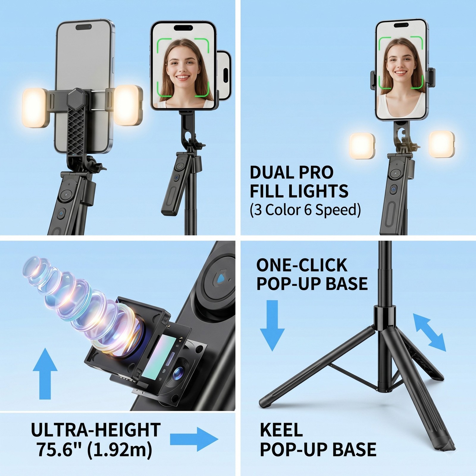 76'' Selfie Stick Auto Face Tracking Tripod 360° Rotation with Remote Control