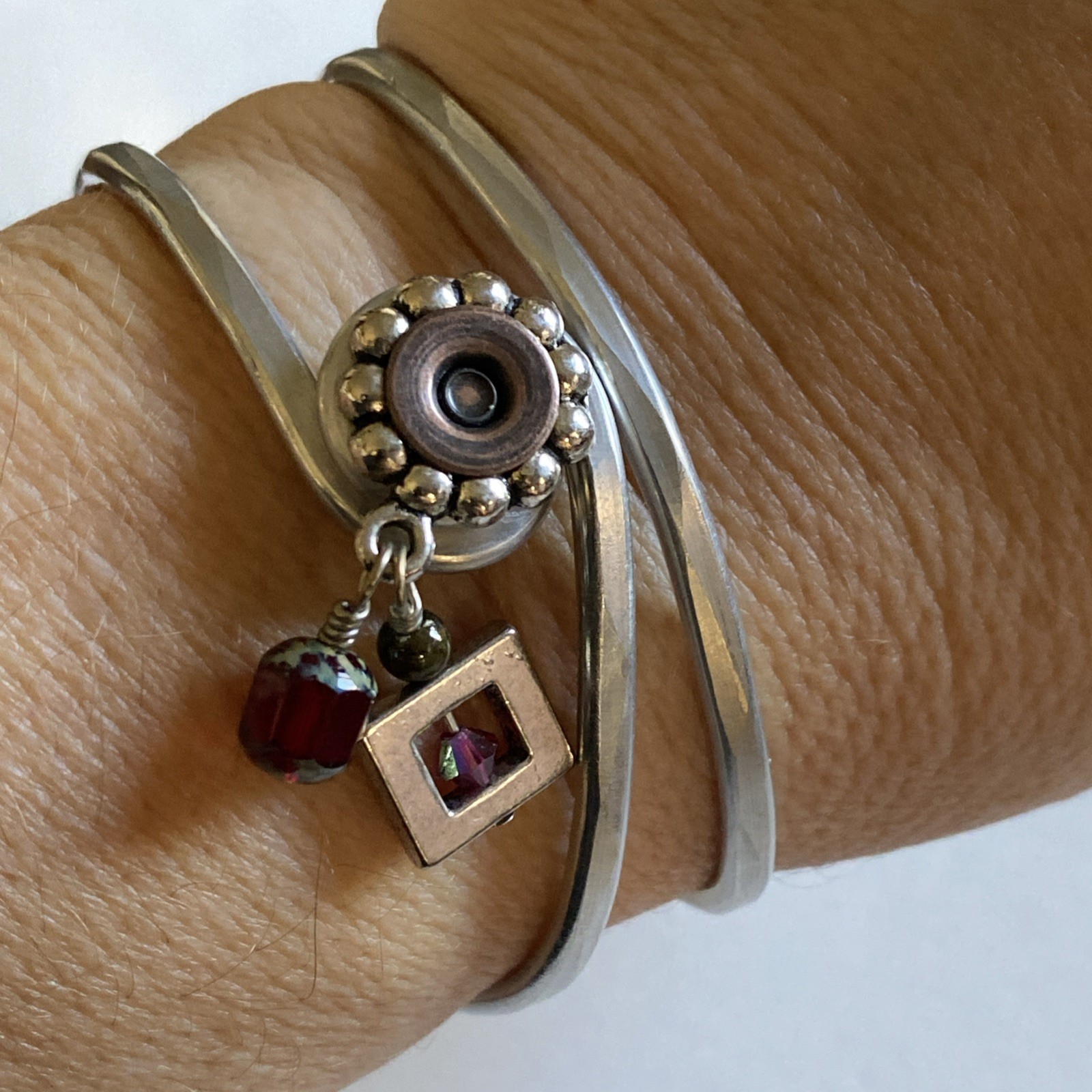 Aluminum Cuff Bracelet Boho Handcrafted Jewelry Copper w Dangling Red Bead Charm