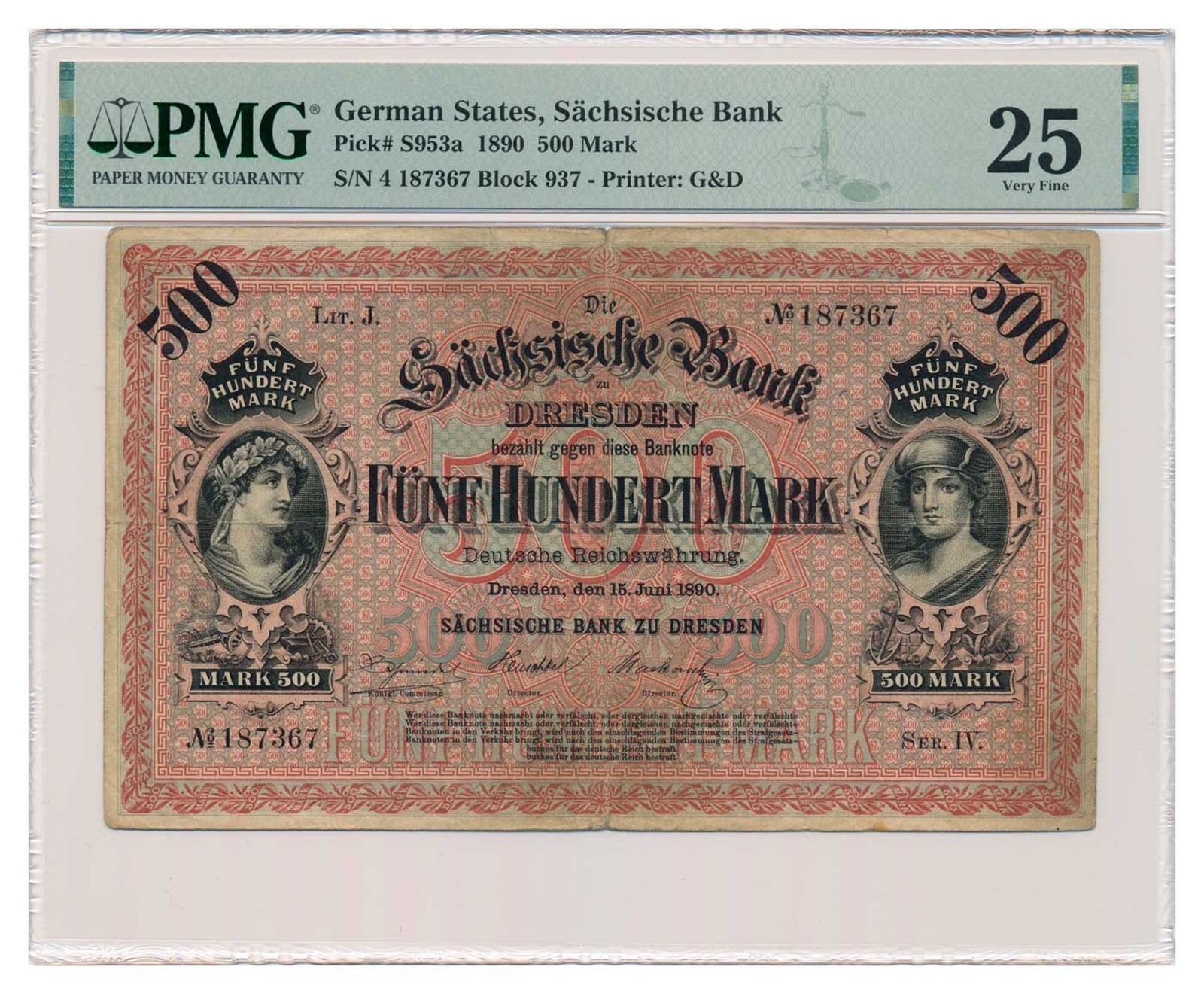 GERMAN STATES (SAXONY) banknote 500 Mark 1890 PMG VF 25 Very Fine