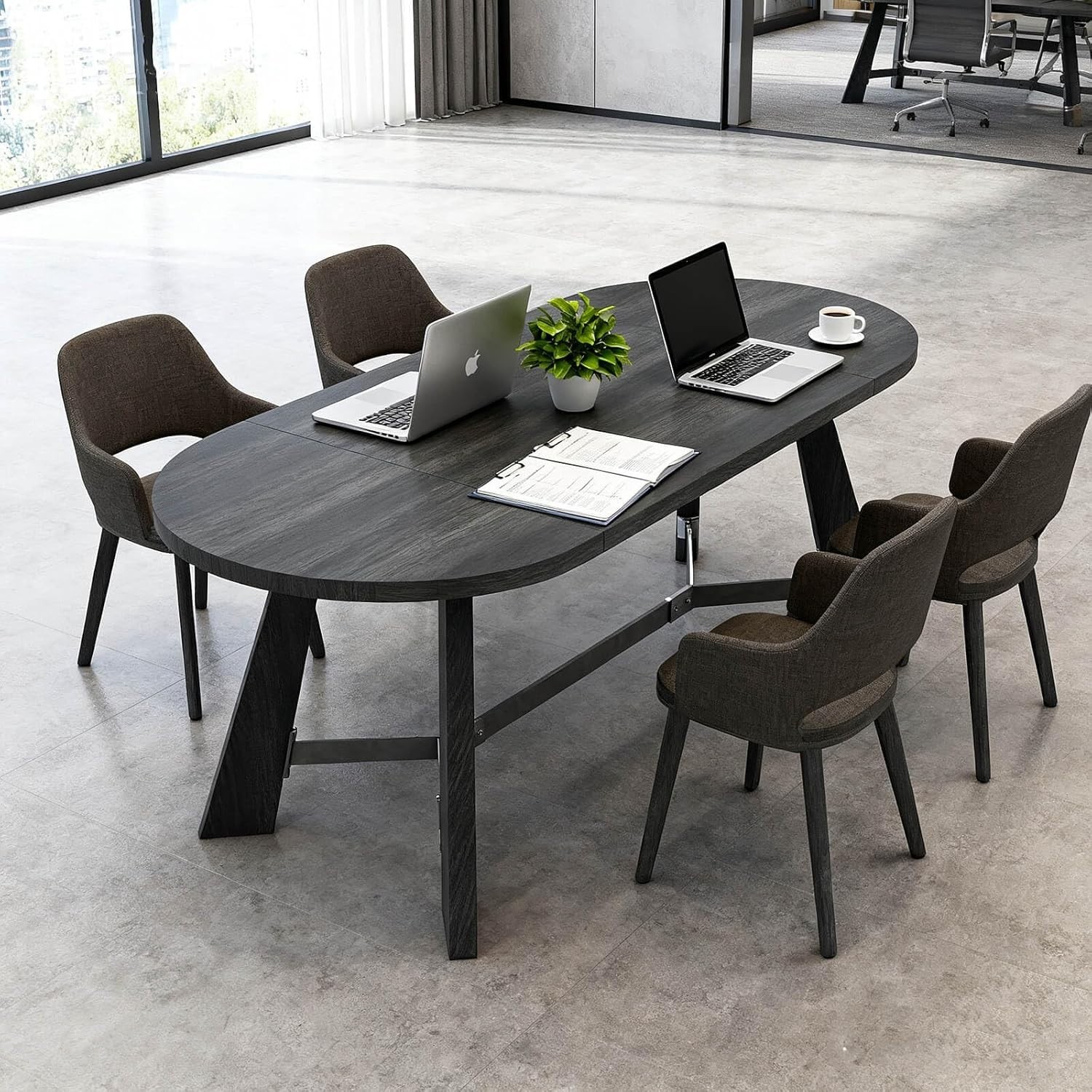 71" Oval Computer Desk Industrial Black Wood Executive Home Office Writing Table
