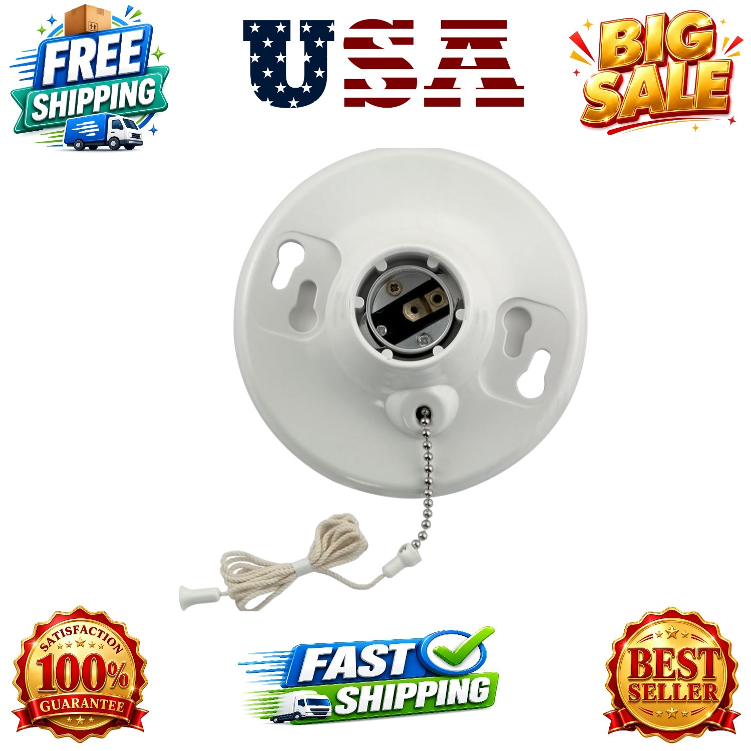 One-Piece Urea Outlet Box Mount, Incandescent Lampholder, Pull Chain, , White