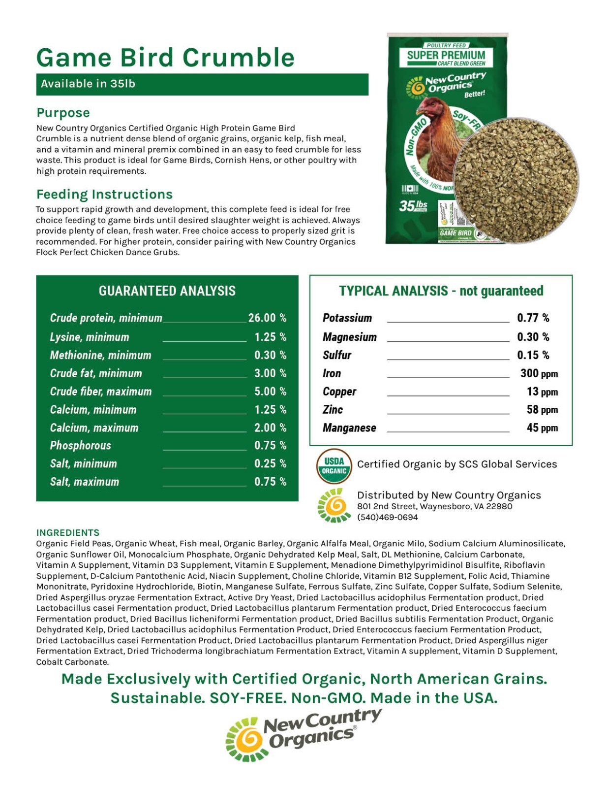 New Country Organics | Organic Gamebird Crumbles 35lb | Soy-Free | 26% Protein