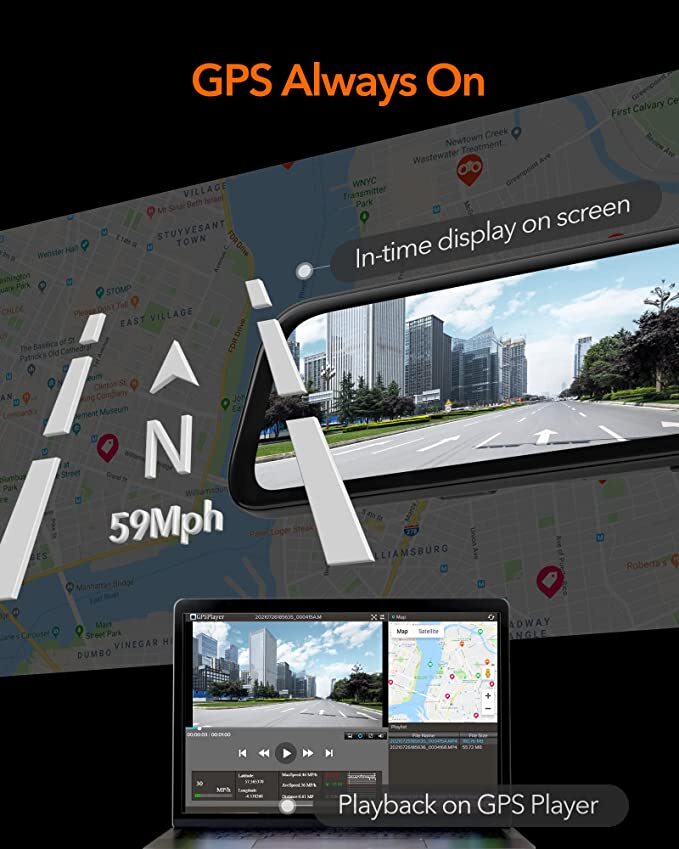 WOLFBOX 4K 12" Mirror Dash Cam With Super Night Vision WDR Backup Camera