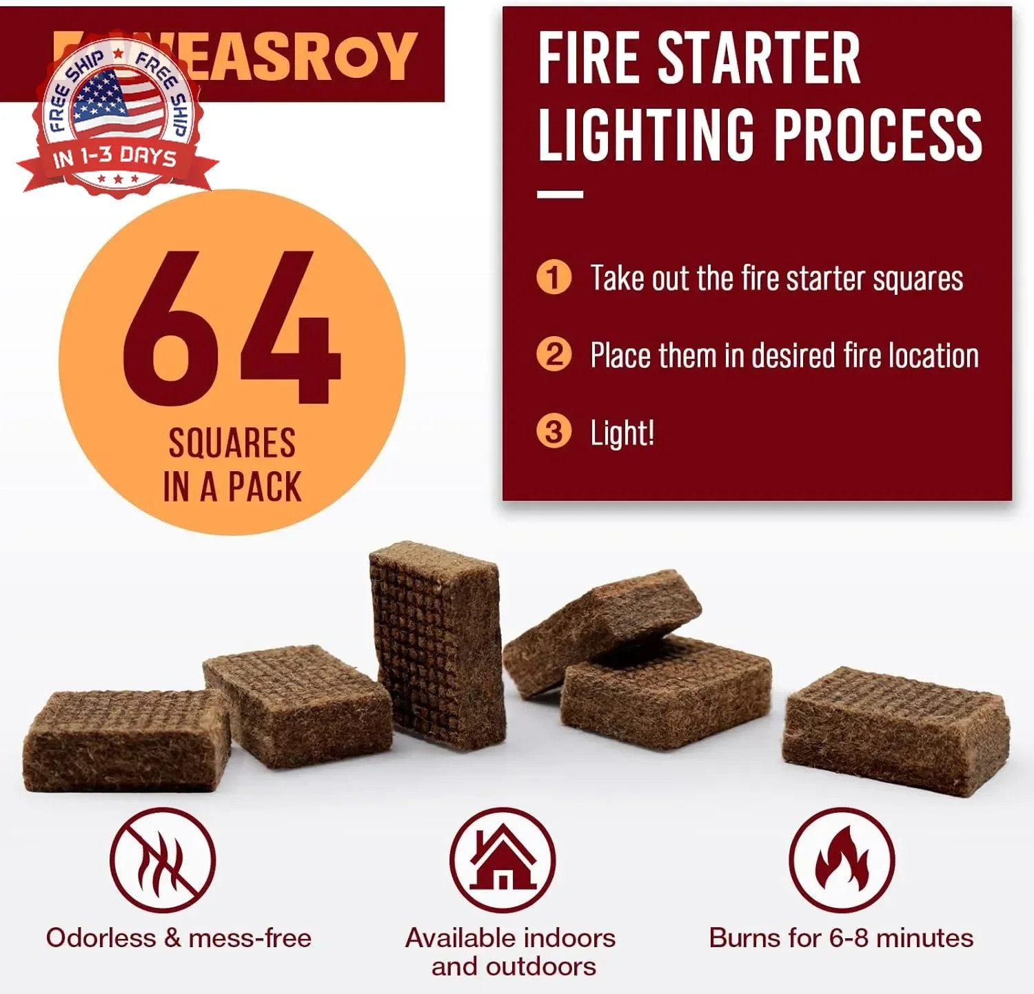 Fire Starter Squares 64 - Fire Starters for Fireplace,Chimney,BBQ Grill,Camping