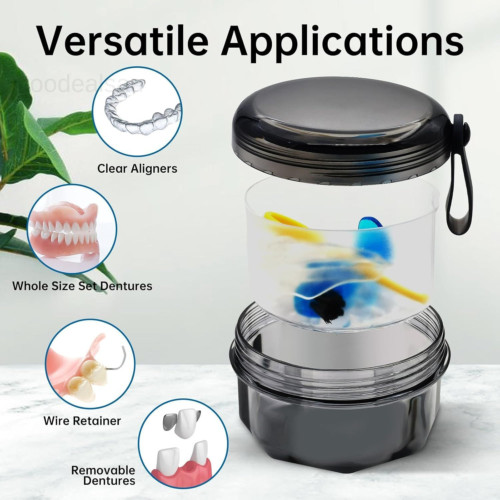 Leak Proof Denture Cups for Soaking Dentures, Partial Transparent Black
