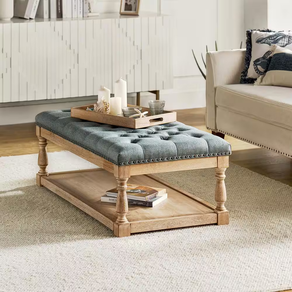 Jakob Blue Upholstered Storage Ottoman with Solid Wood Legs