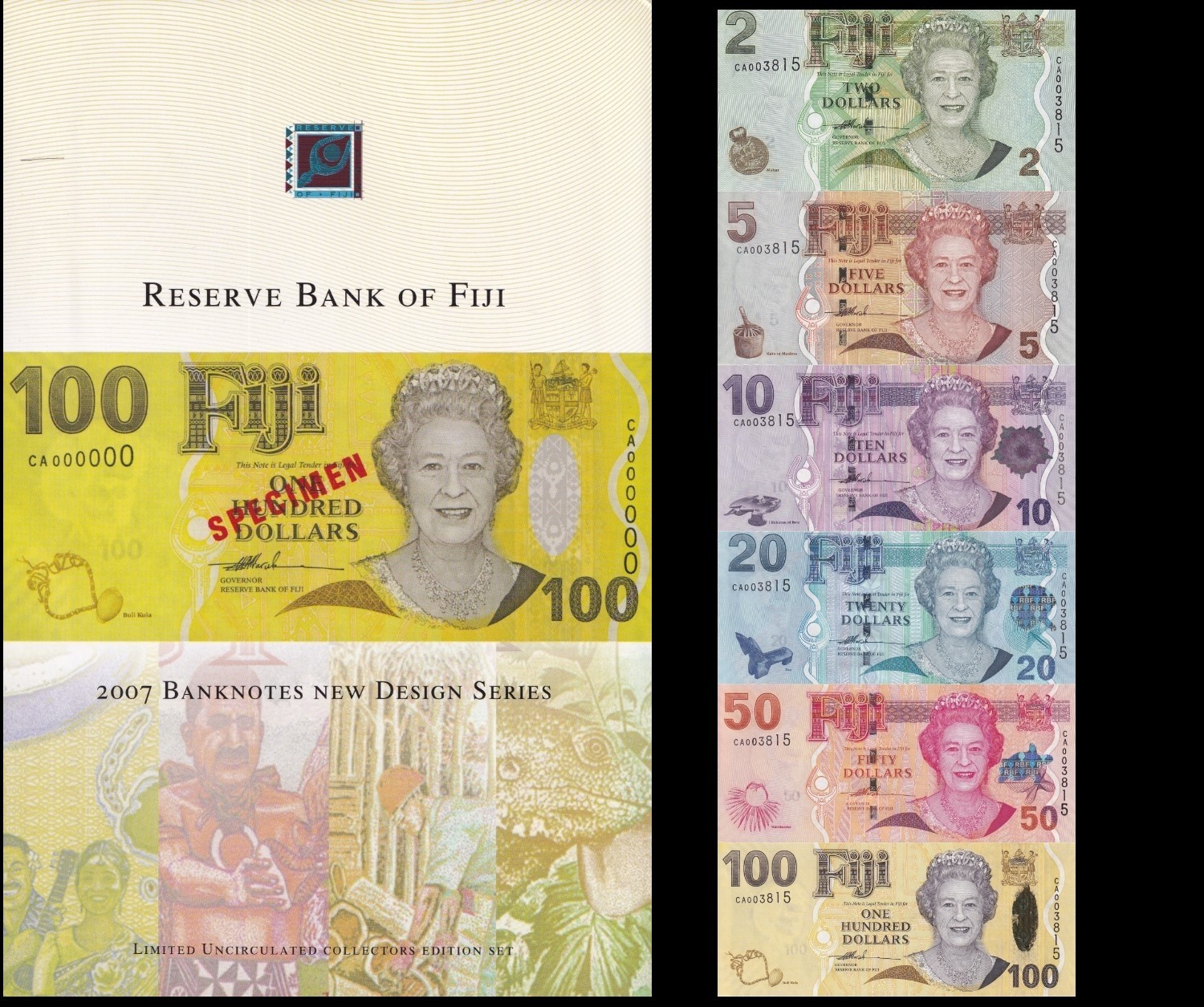 Fiji 2-100 ND 2007-2011 P 109a 110a-114 UNC Set 6 pcs Match LOW S/N With Folder