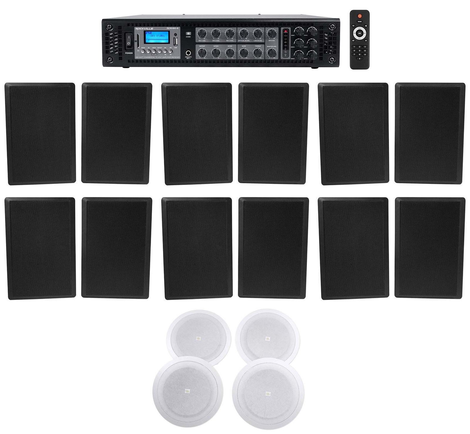 6-Zone Amplifier+12 Black Wall+4 JBL 8" Ceiling Speakers For Restaurant/Bar/Cafe