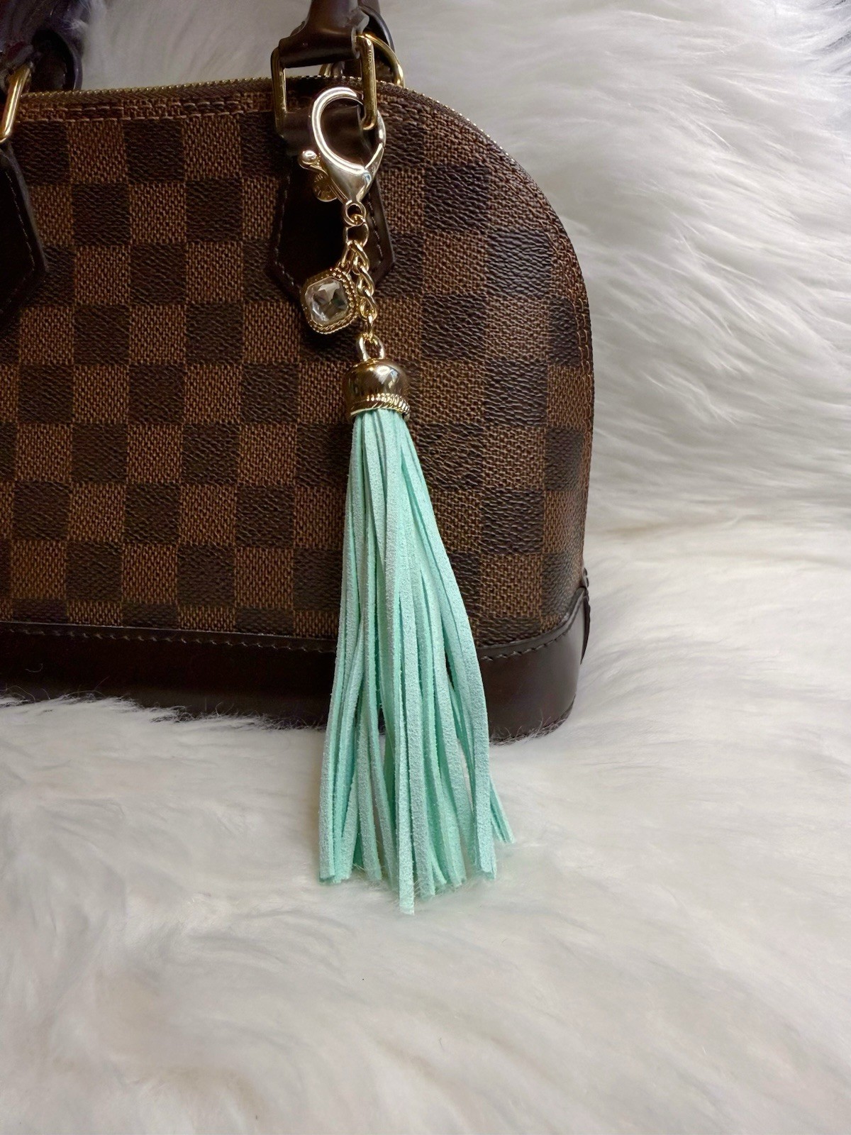 Green Tassel Bag Charm Keychain Key Fob Metal Stone Keyring Gold Mint Color