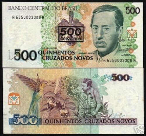 Brazil 500 on 500 Cruzados Novos P-226 1990 Brazilian Hummingbird UNC Money NOTE