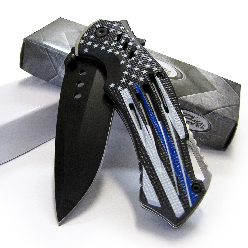 Police BLUE LINE Flag SPRING Assisted KNIFE Folding Pocket Folder - Rite Edge
