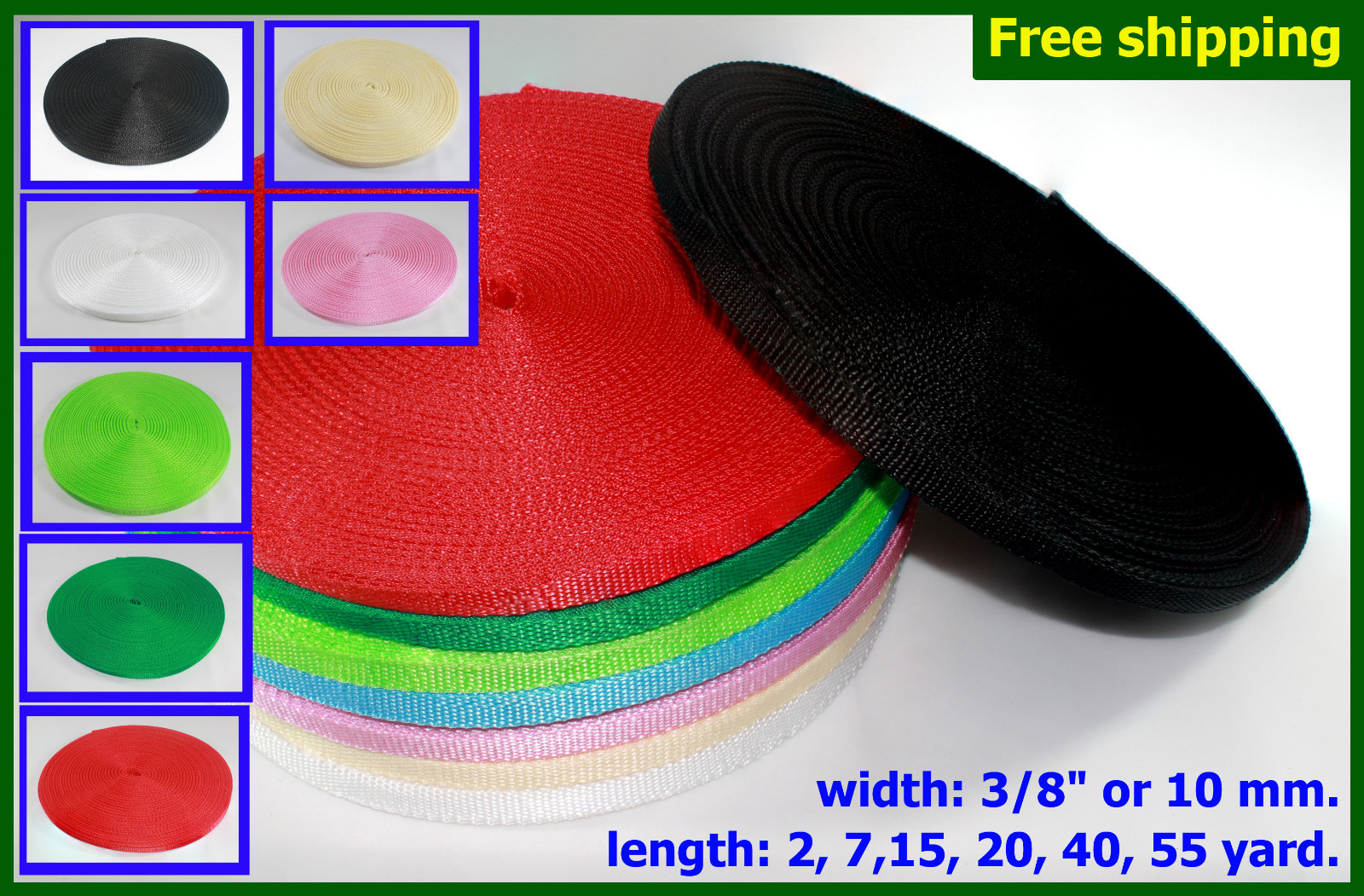 3/8"(10mm) Nylon webbing fabric black blue Cream green pink 3 7 15 20 40 55 yard