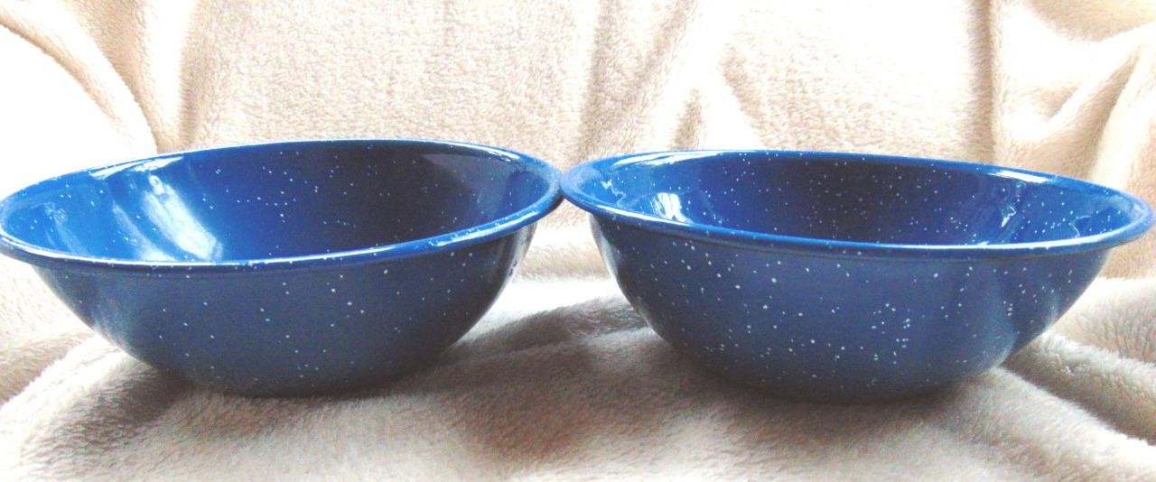 Set of 2 Blue White Speckled Enamelware Large Soup or Cereal Bowls 7" across EUC