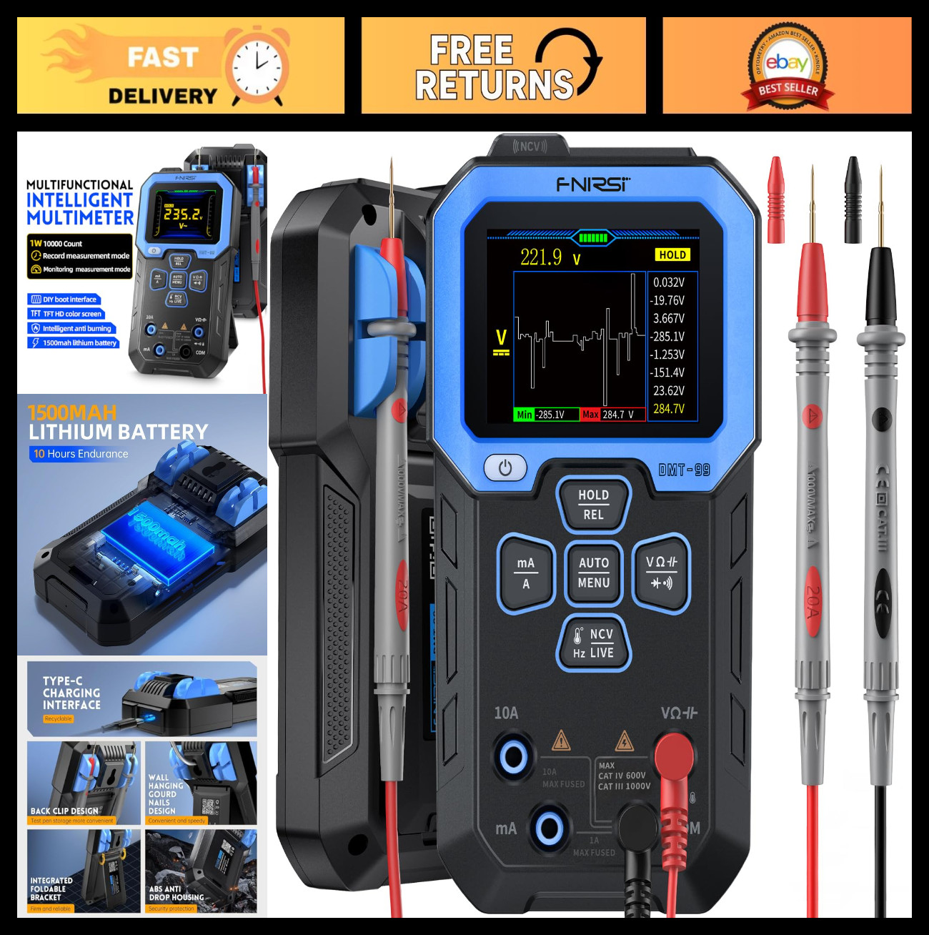 Digital Multimeter 9999 Counts TRMS Auto-Ranging Volt Meter, Rechargeable, Data