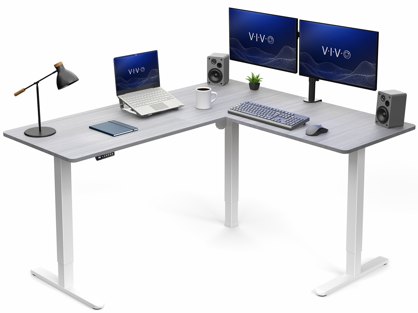 VIVO Gray / White Electric 63" x 55" Corner Desk, 3 Section Table Top