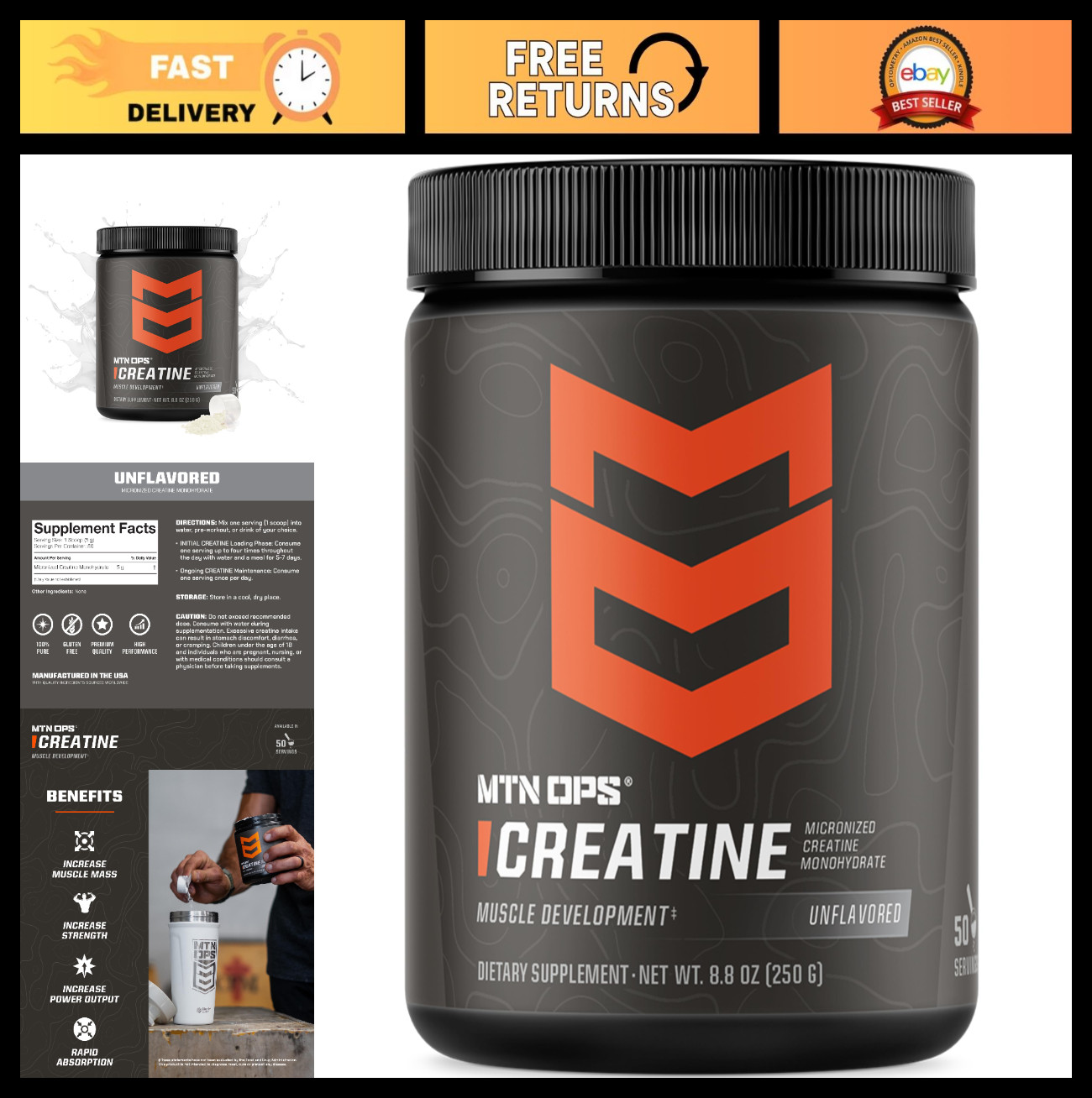 Creatine Monohydrate Powder - 5g Micronized for Muscle Strength & Recovery, 50 S