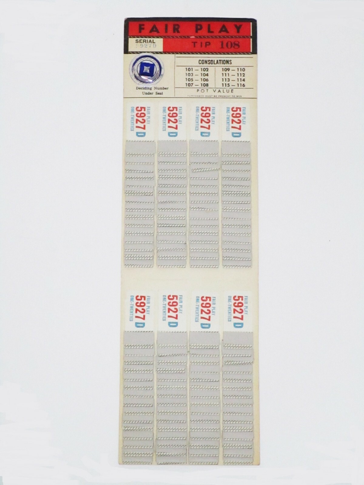 Vintage Fair Play Tip 108 Board - Bingo/Jar Tickets Free Shipping USA