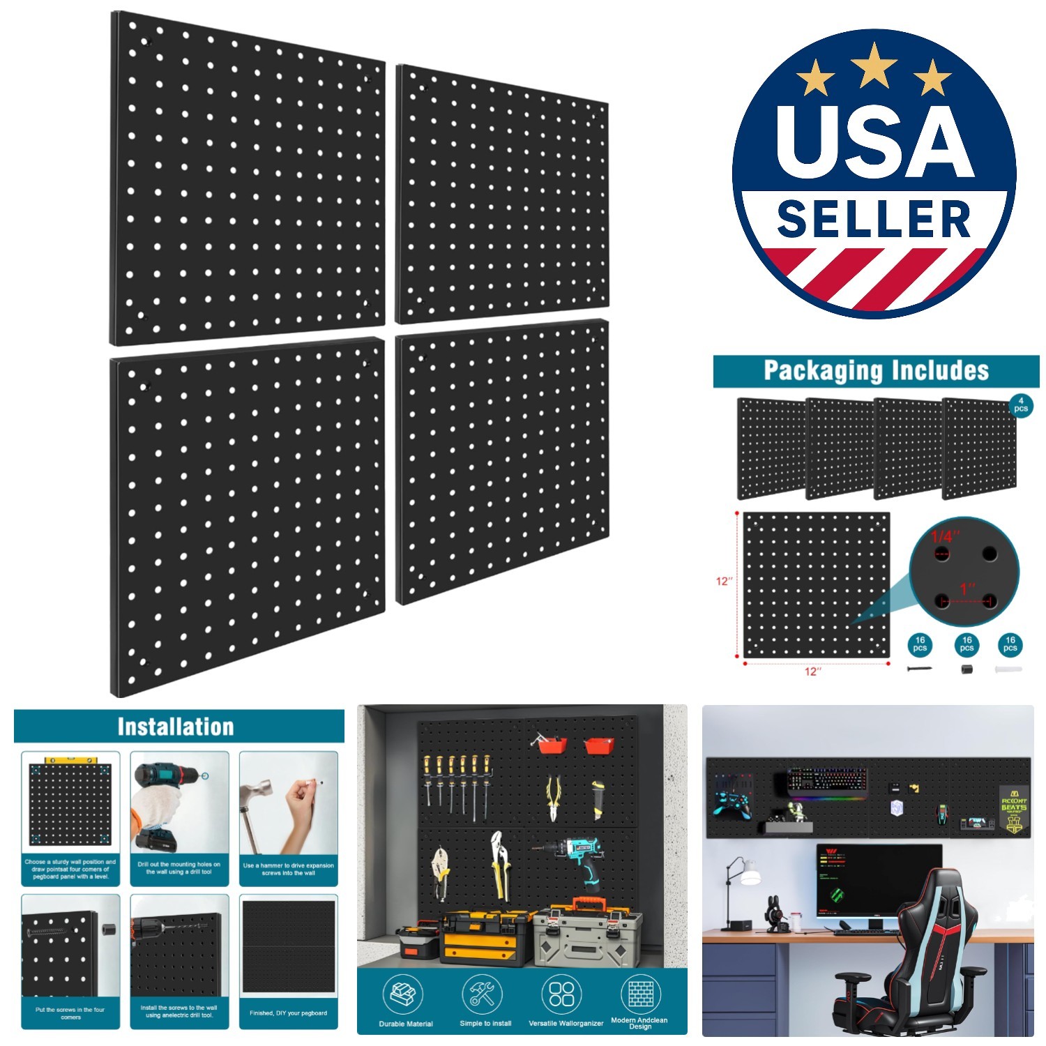 Metal Peg Board 4-Pack - Stylish Black Panels for Home & Studio Organization