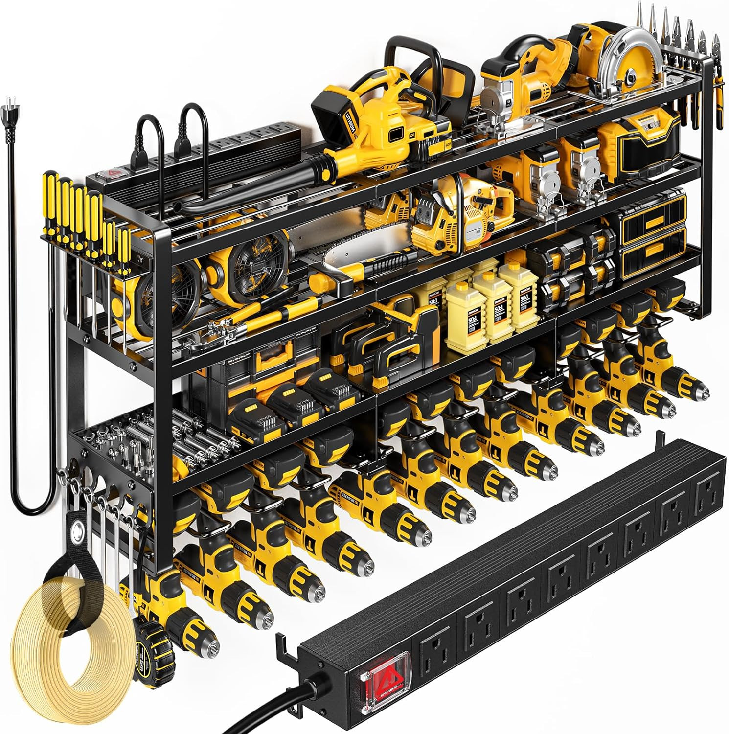 49.5" W Large Power Tool Organizer Wall Mount with Charging Station, 4 Tier Heav