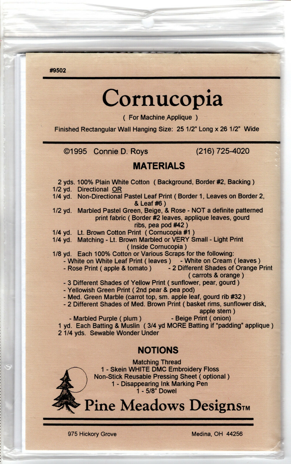 "Cornucopia" ©1995 Pine Meadows Designs Sewing Craft Quilting Pattern # 9502