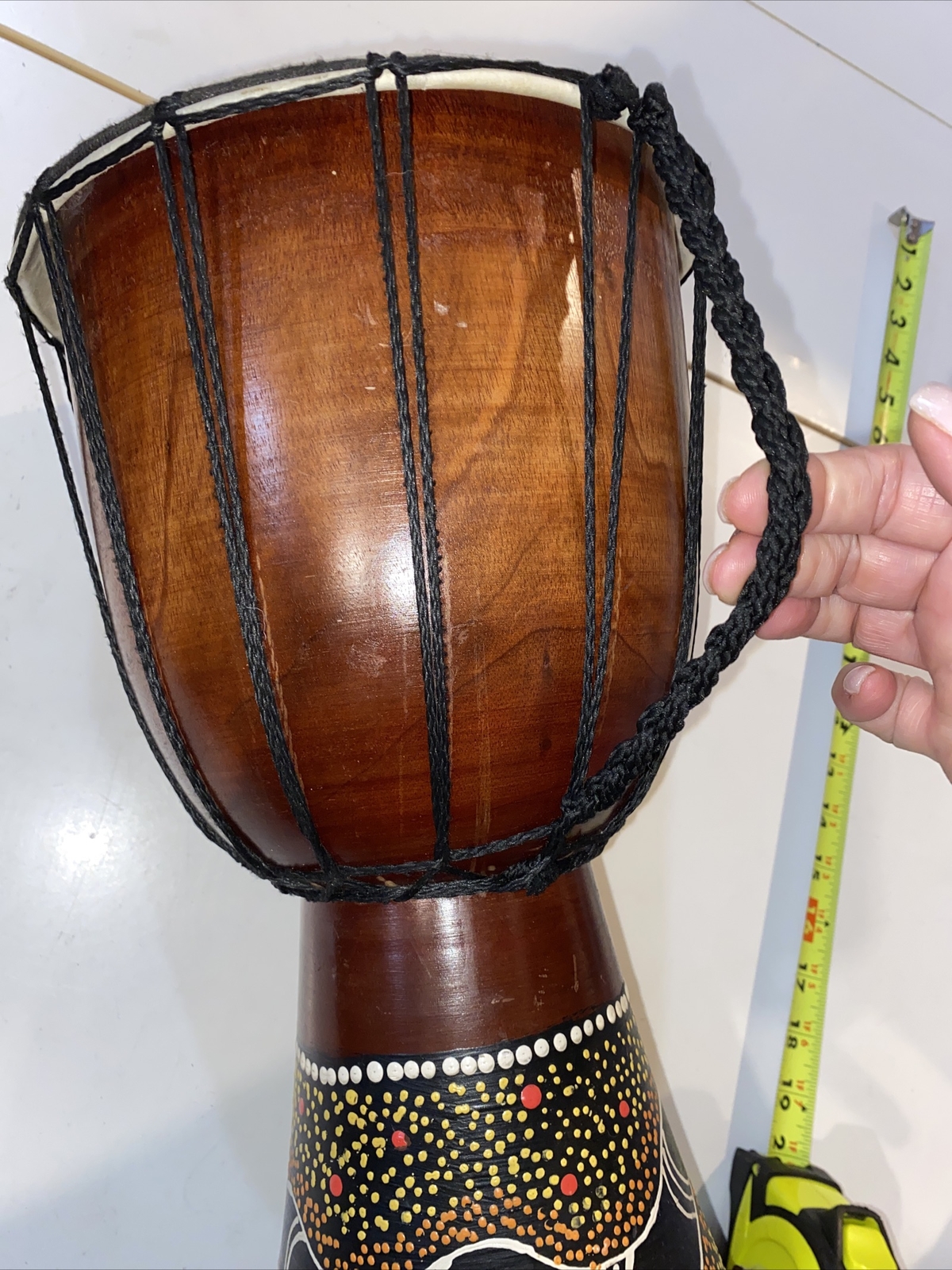 Hand Carved Djembe Solid Wood Hand Painted Python, Carrying Strap, Great Sound