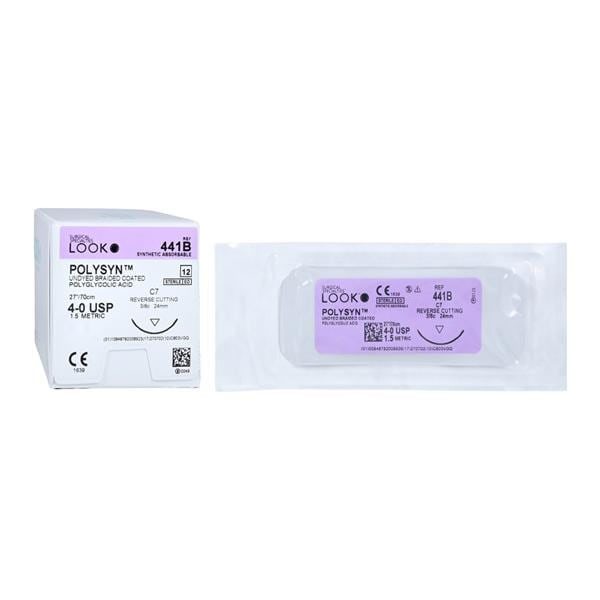 Look X441B Polysyn 4-0 Undyed Absorbable Sutures 27" C7 3/8 Circle 24mm 12/Pk
