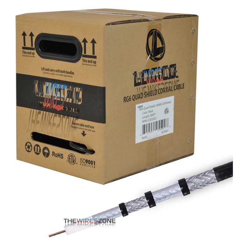 RG6 Quad Shield 18 AWG Satellite TV Black 500' Feet ft Coaxial Coax Cable Wire