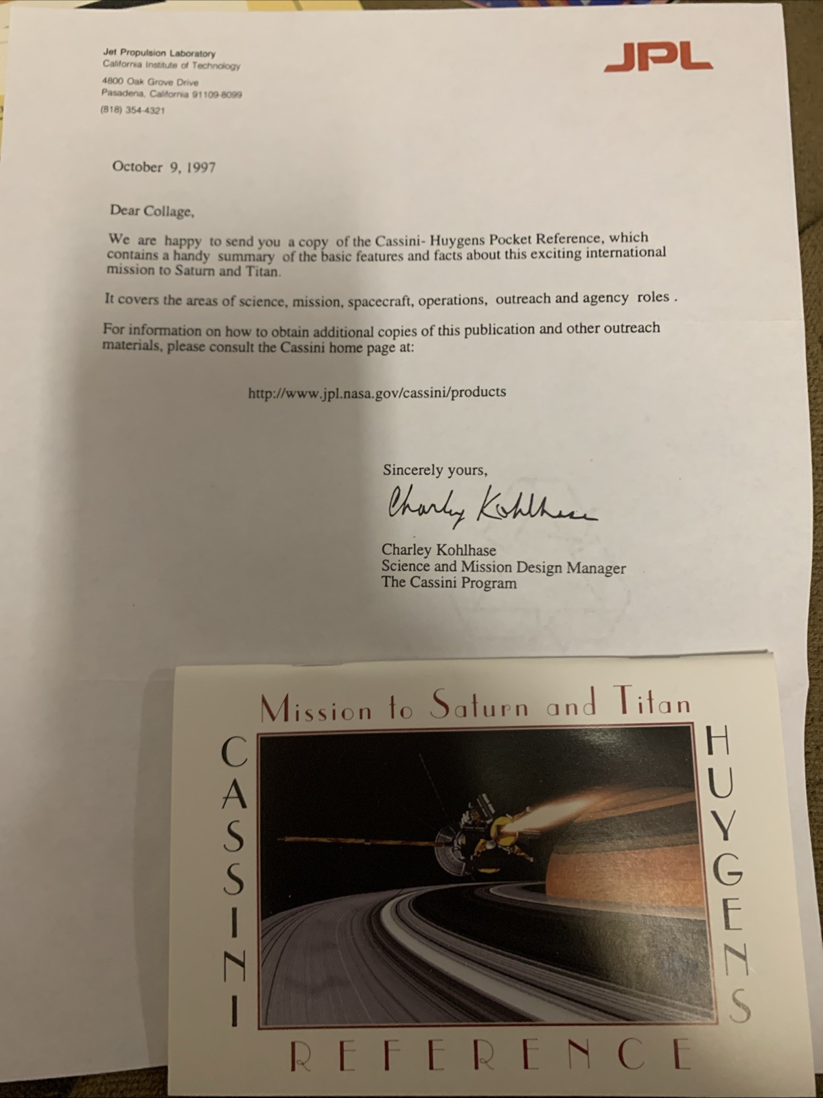 Cassini Huygens Pocket Reference 1997 JPL NASA & Memo Unique Scarce