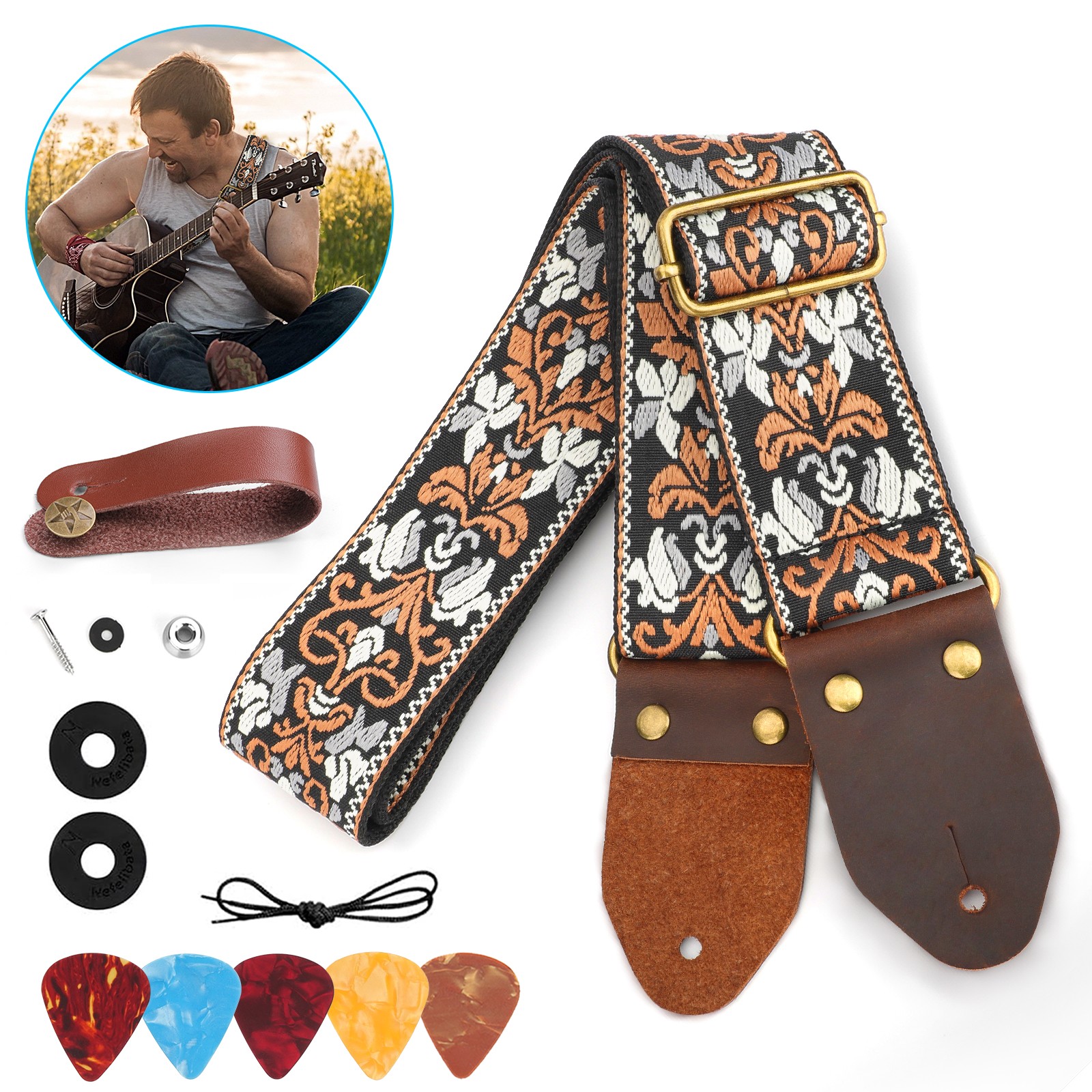 Guitar Straps Vintage Embroidered For Bass Electric Acoustic Guitar Adjustable