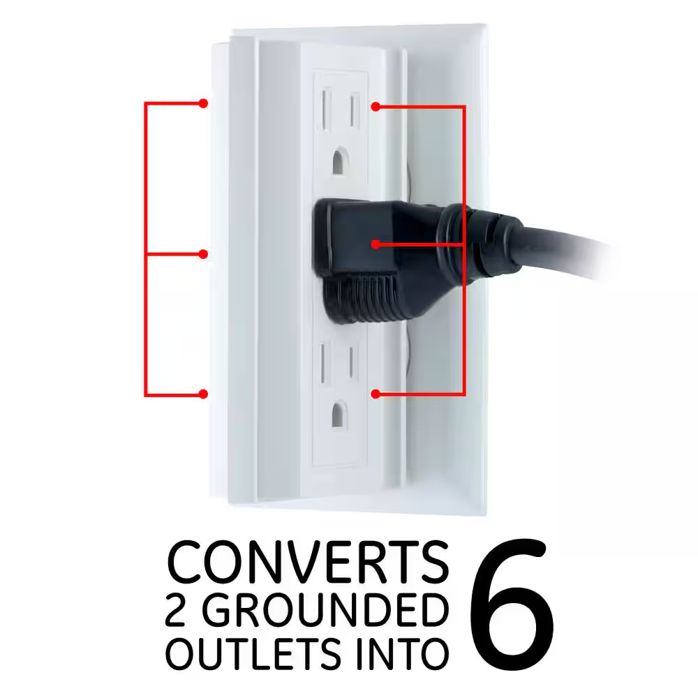 6-Outlet Grounded Side-Access Tap, White (3-Pack)
