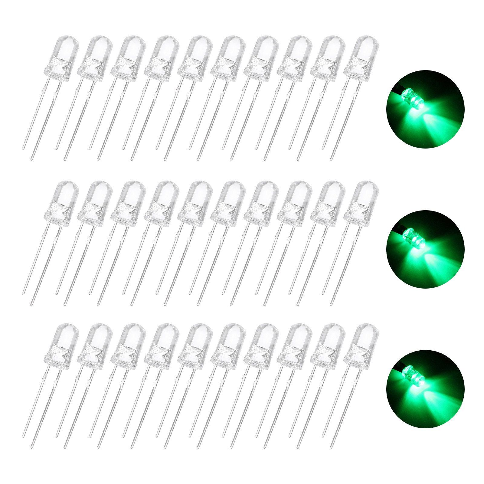 100pcs 5mm LED Diode Lights, Green Round Transparent DC 3.0-3.2V