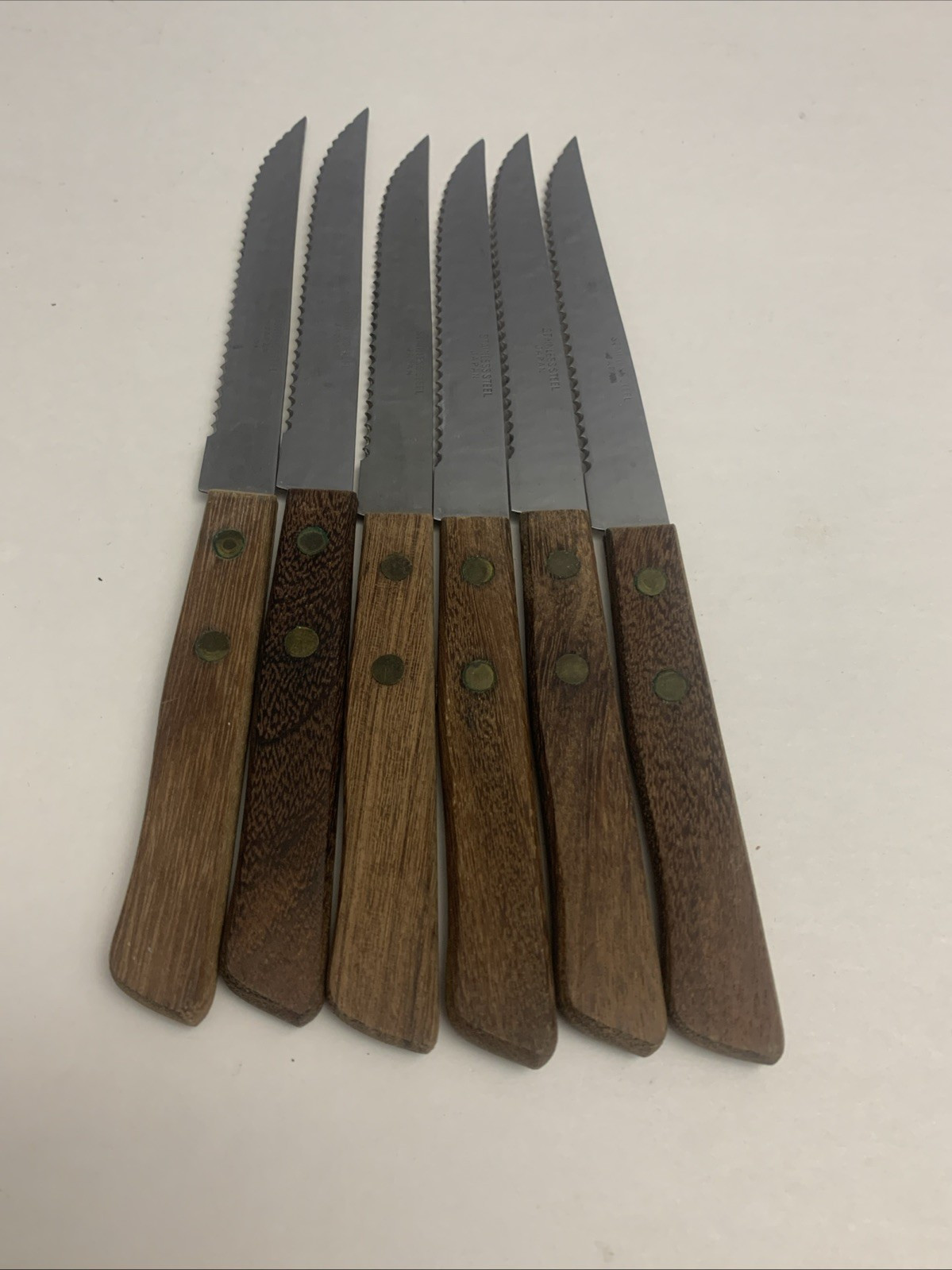 Vintage Knives Stainless Steel Serrated 4.25" Blade Wood Handle Japan 6-pc Lot