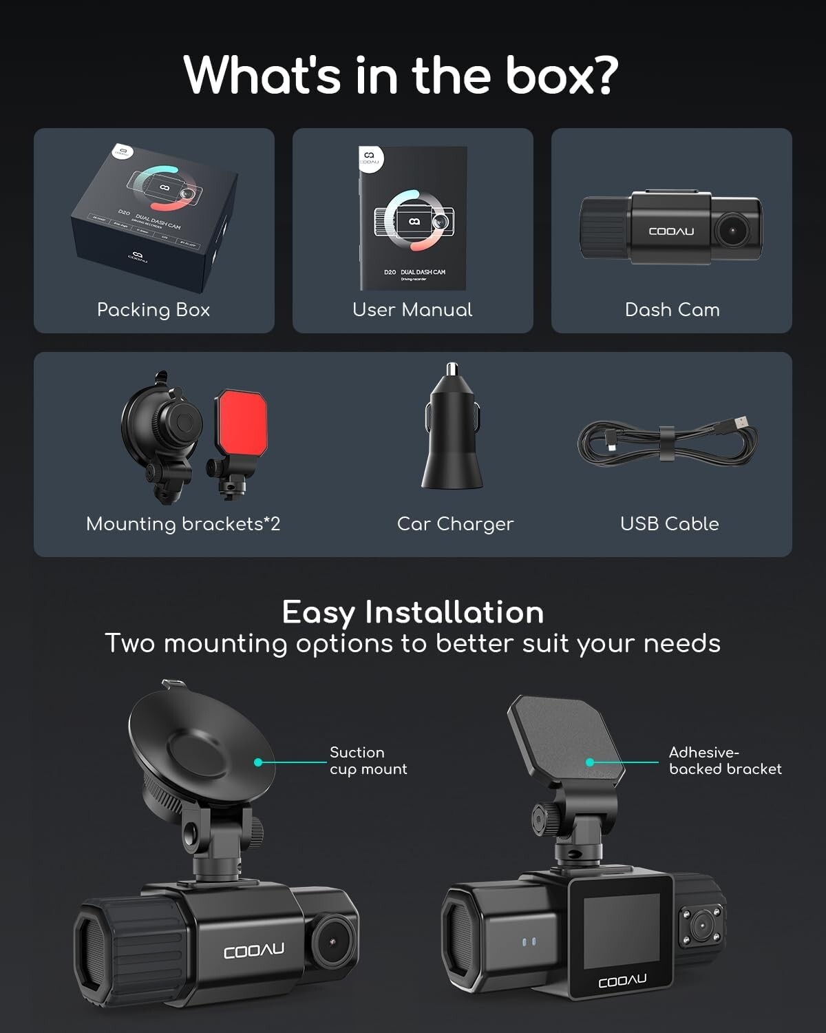 COOAU Dual Dash Camera 1080P Dash Cam Front and Inside, Built-in GPS and WiFi US