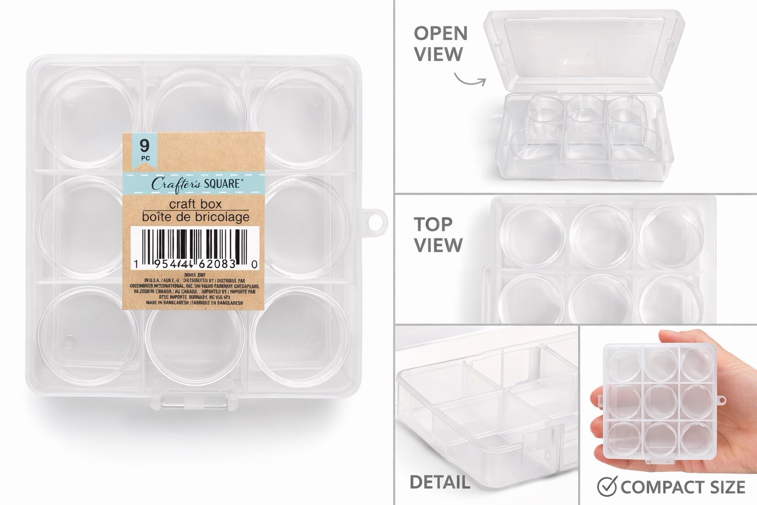 Crafter's Square Craft Box 9-Compartment Clear Plastic Bead Storage Organizer