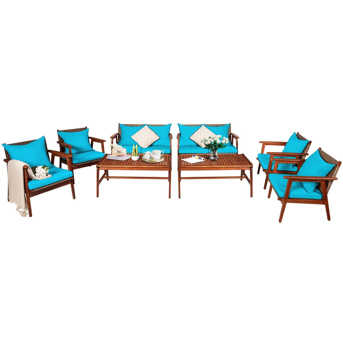 8PCS Outdoor Rattan Furniture Set Acacia Wood Frame Cushioned Sofa Chair