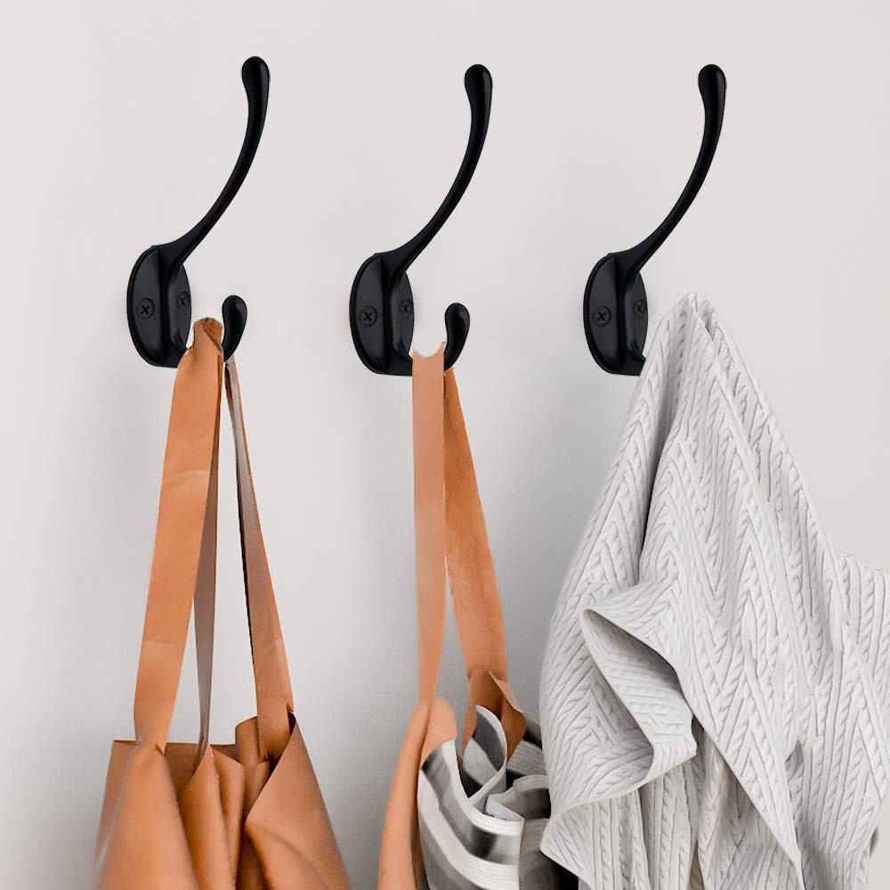 10 Pack Black Double Coat Hooks No Rust Hooks for Coat, Scarf, Bag