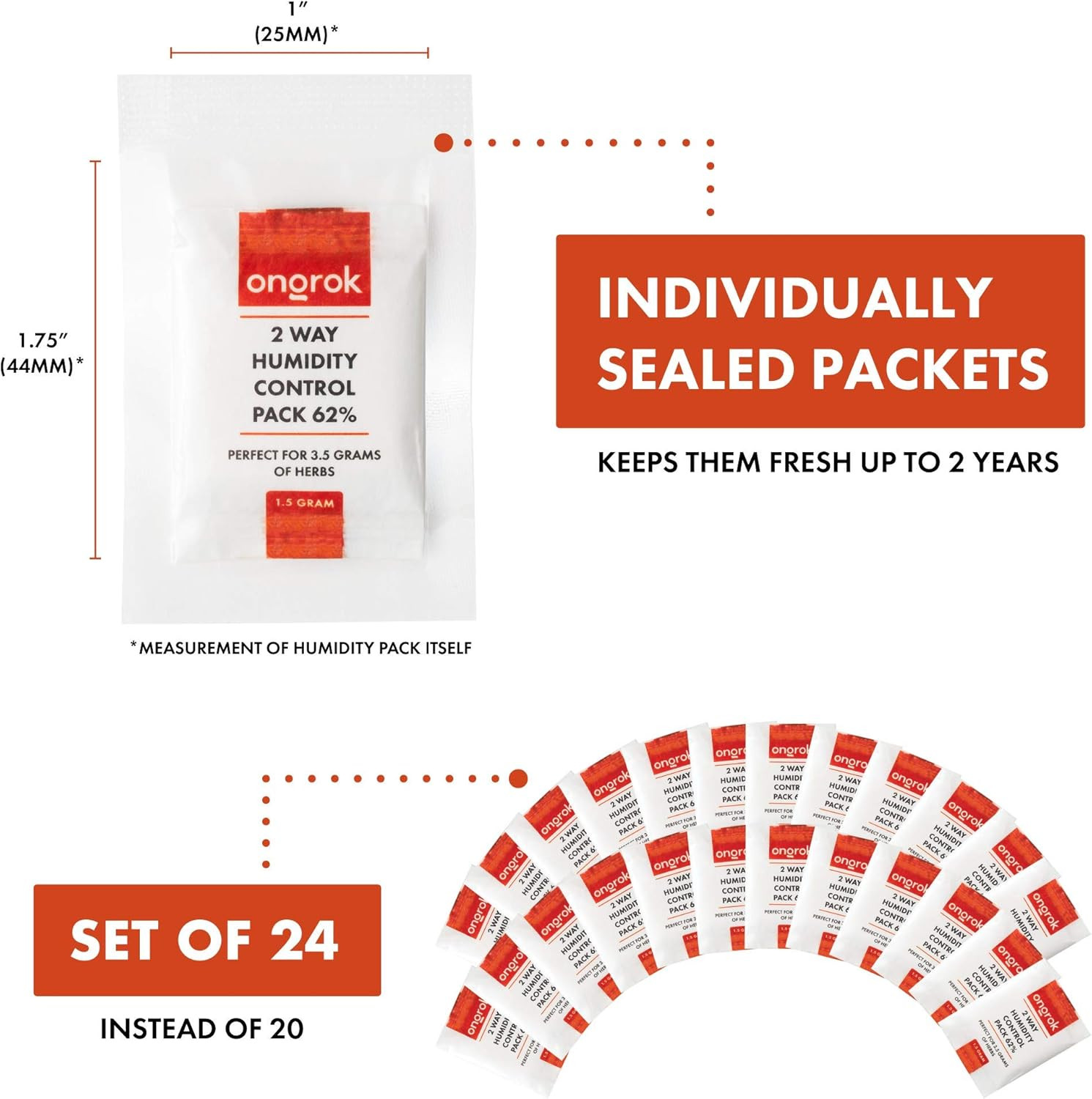 2 Way Humidity Control Packets, 62% RH, Each Pack Good for up to 1/8 Oz, 24 Pack
