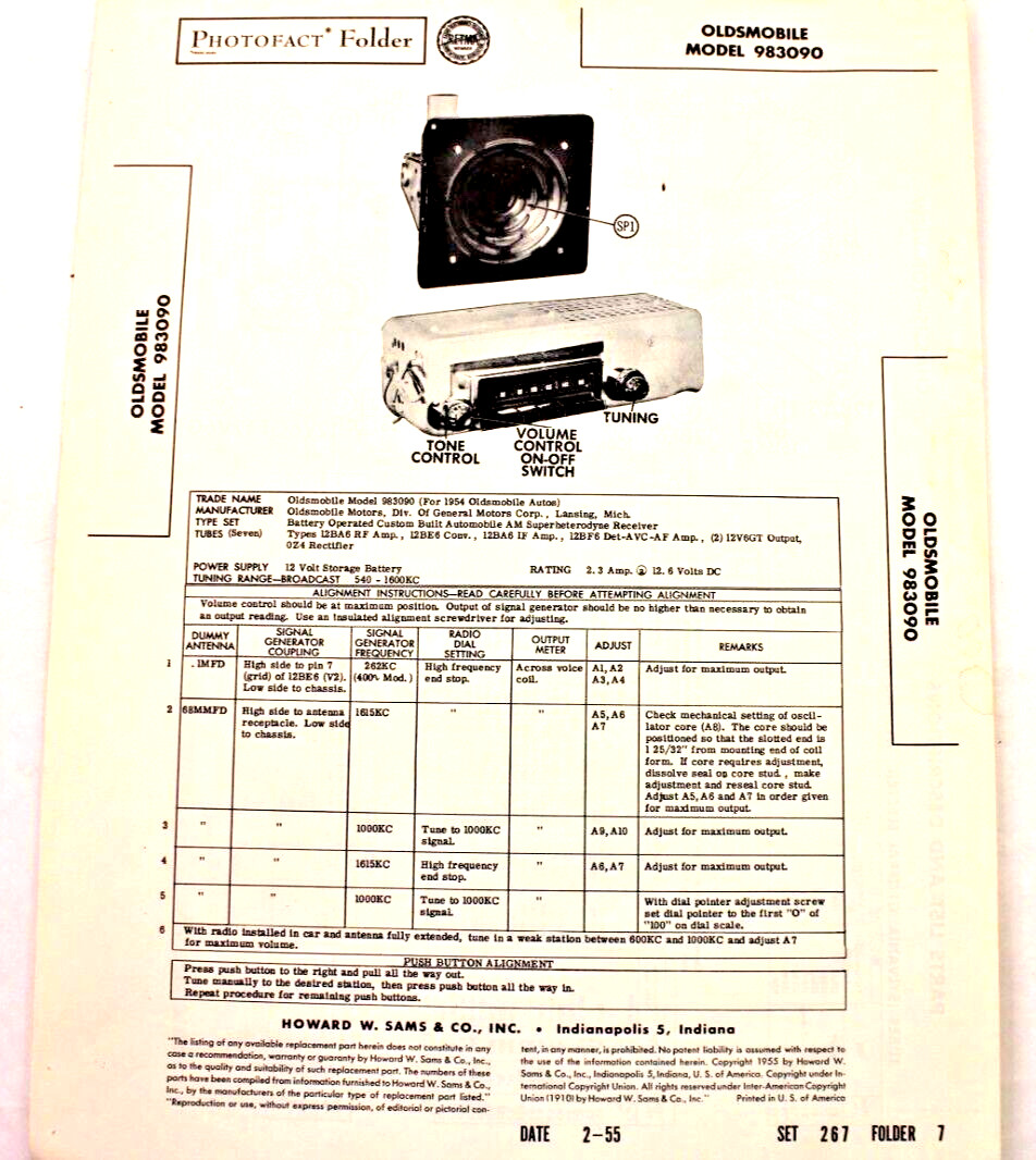 -Sam's PhotoFact  Service Manual 267-7 Oldsmobile Radio 983090